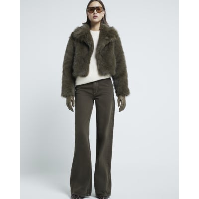 River island green fur coat sales