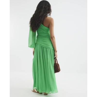 pista green color dress Plisse Gathered Dress | Grey Green