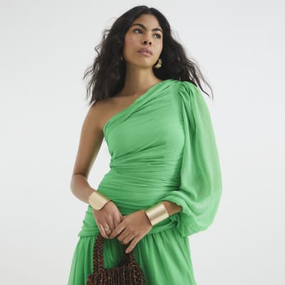 Green Premium One Shoulder Plisse Midi Dress