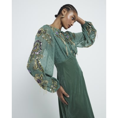 Velvet Long Sleeve River Island Green Velvet Dress Dark Green Lace Trim  Velvet Midi Dress New