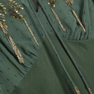Green Premium Velvet Embellished Midi Dress | River Island