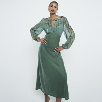 Green Premium Velvet Embellished Midi Dress | River Island