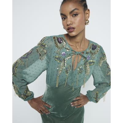 Green Premium Velvet Embellished Midi Dress | River Island