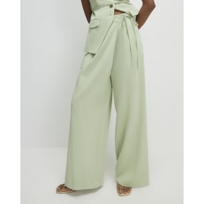 Green Premium Wrap Detail Wide Leg Trousers