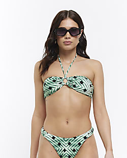 Green print bandeau bikini top