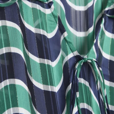 River Island geometric print belted midi shirt dress in green