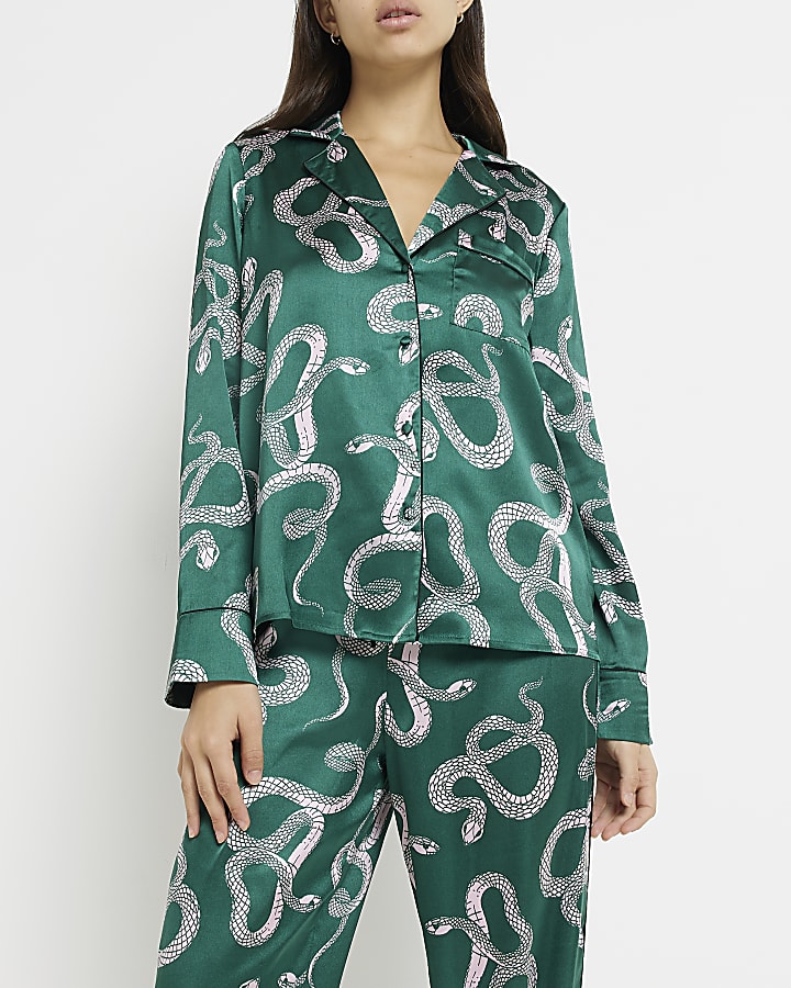 Green print satin pyjama top