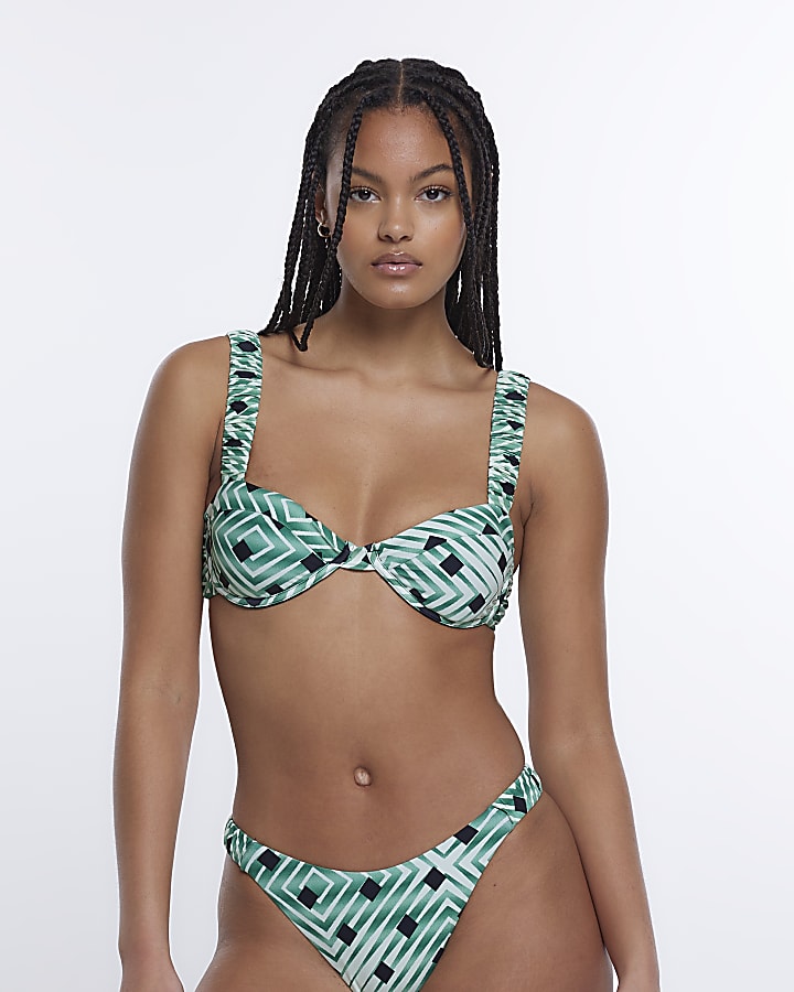 Green printed balconette bikini top