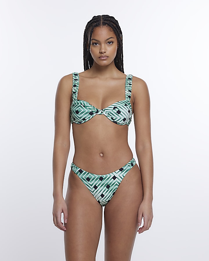 Green printed balconette bikini top