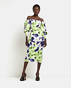 Green printed bardot midi dress