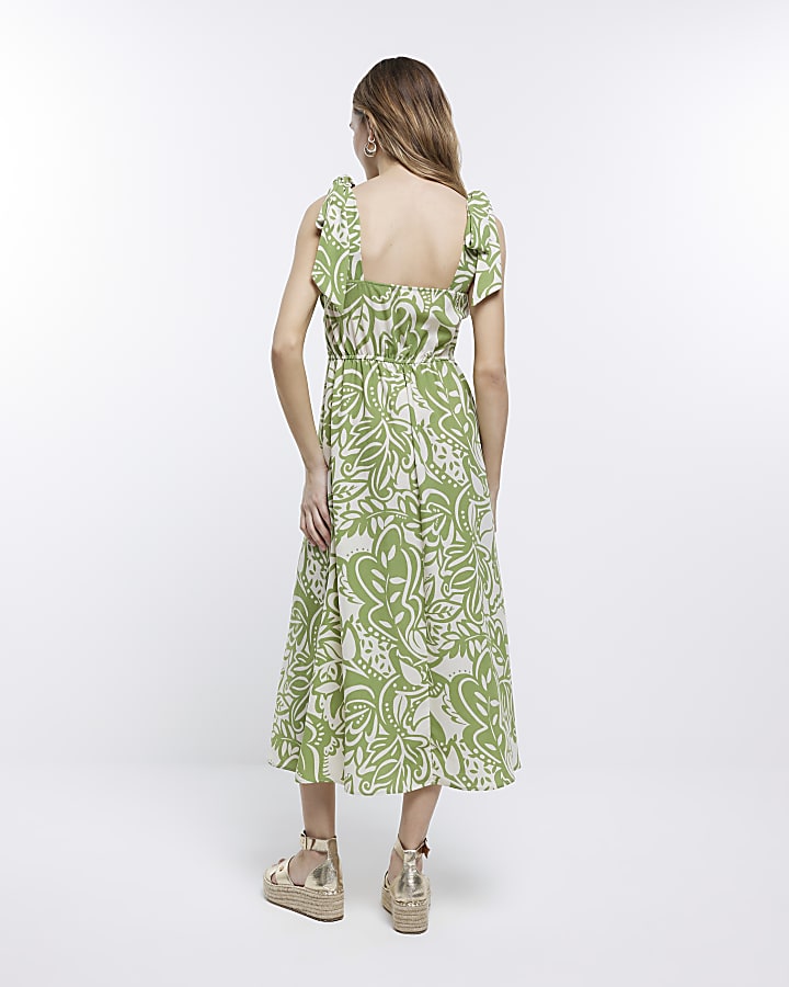 Green printed bodycon midi dress