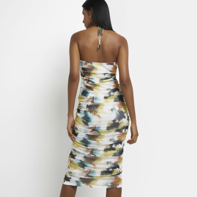 Green printed bodycon midi dress