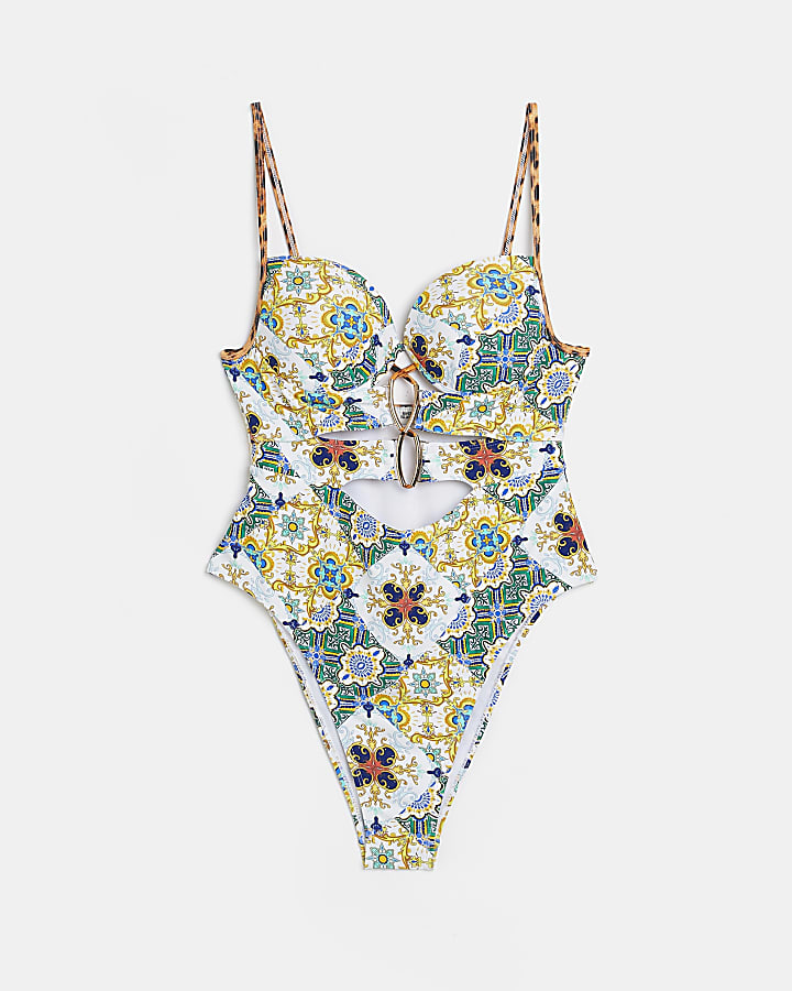 Green printed cut out plunge swimsuit