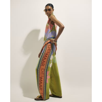 Green Printed Drawstring Wide Leg Trousers