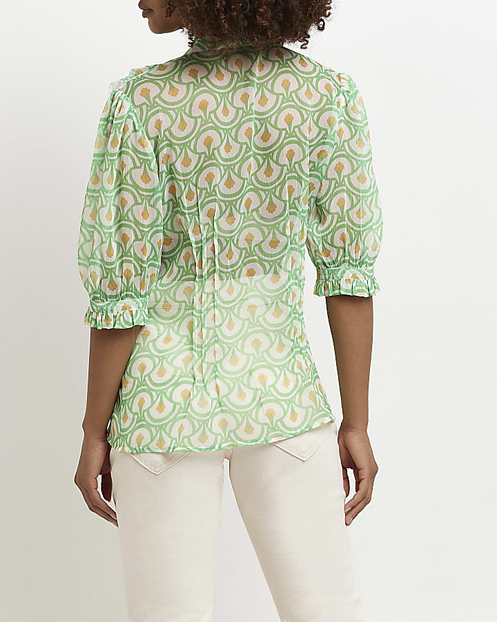 Green Printed Frill Front Blouse