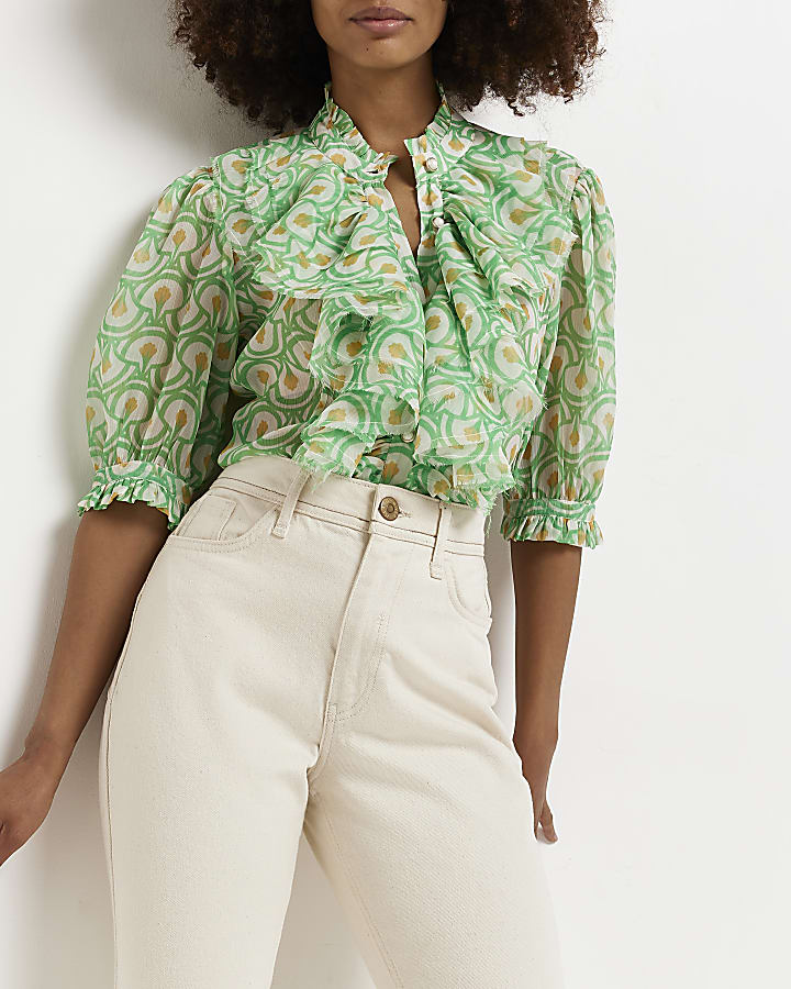 Green Printed Frill Front Blouse