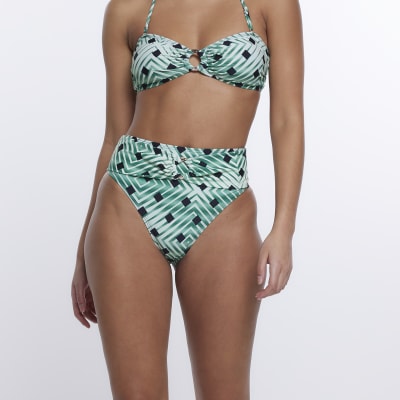 Green printed high waist bikini bottoms River Island