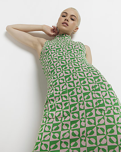 Green printed jacquard shift mini dress