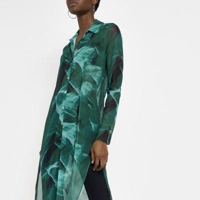 Green printed longline shirt