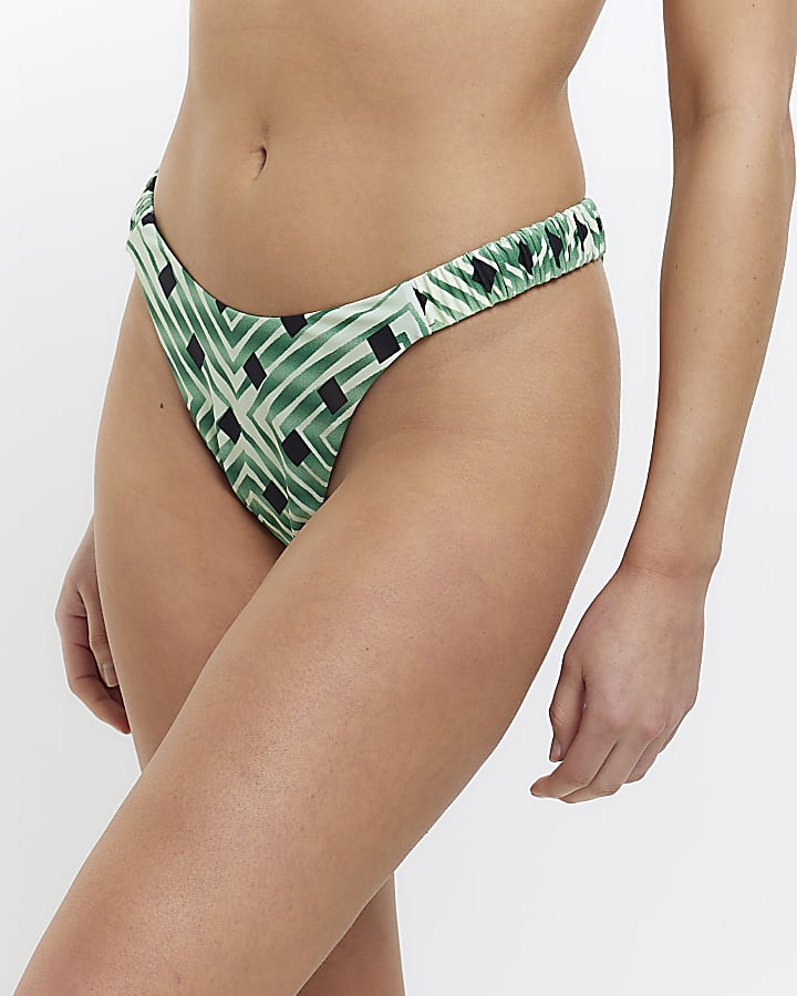 Green printed mid rise bikini bottoms