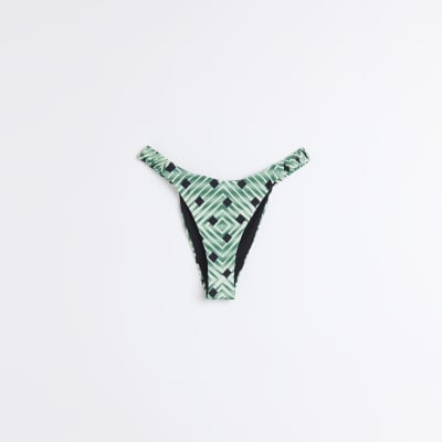 Green printed mid rise bikini bottoms River Island