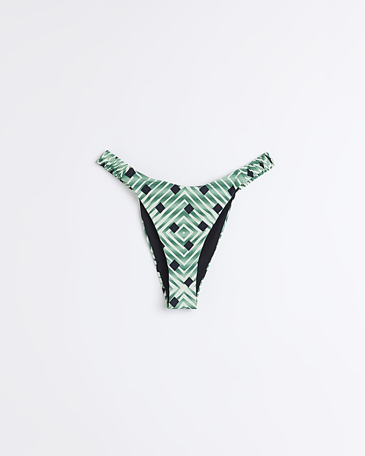 Green printed mid rise bikini bottoms