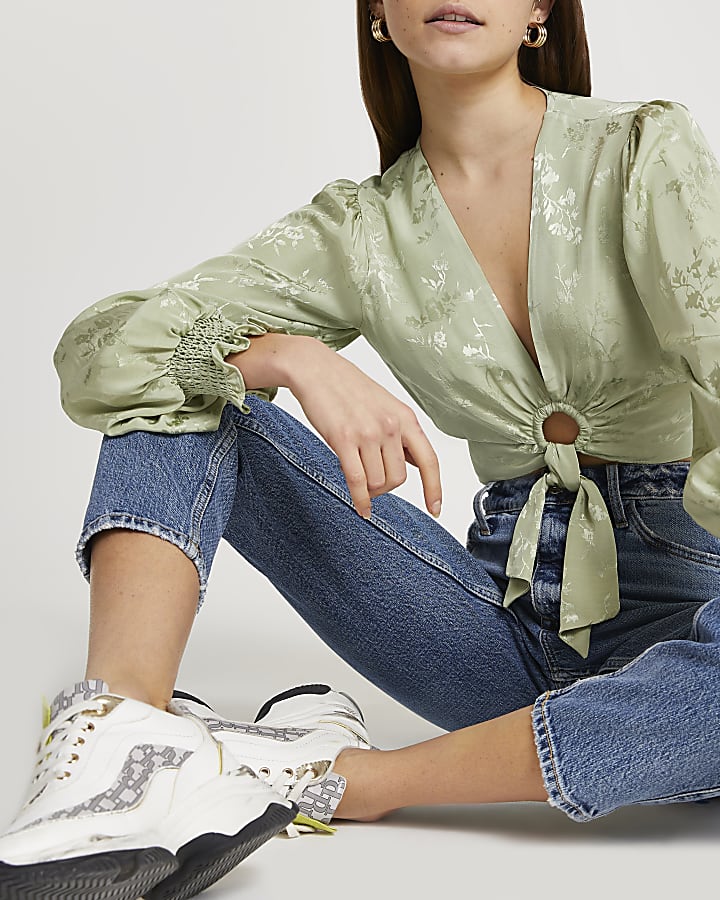 Green printed ring front tie blouse top