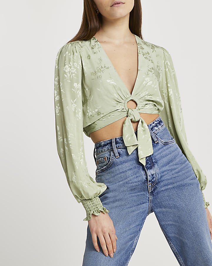 Green printed ring front tie blouse top
