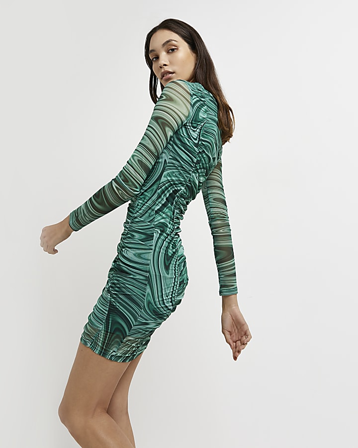 Green printed ruched bodycon dress