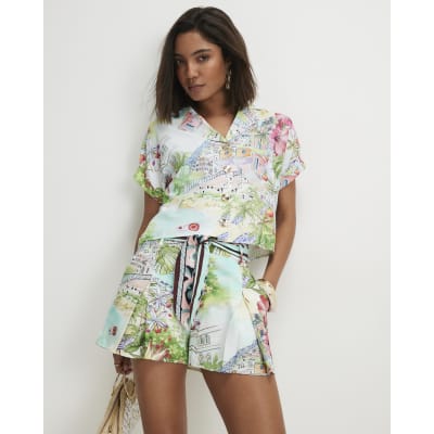 Green Printed Short Sleeve Blouse