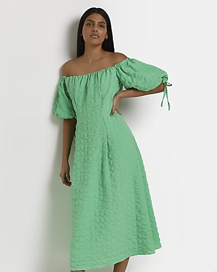 Green puff sleeve bardot midi dress