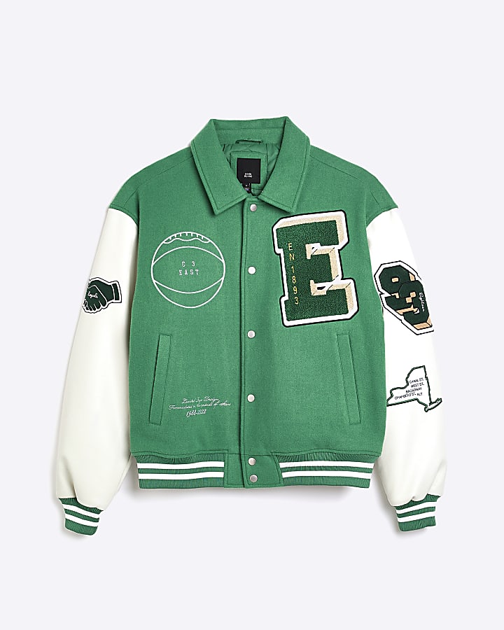 Green regular fit embroidered varsity jacket