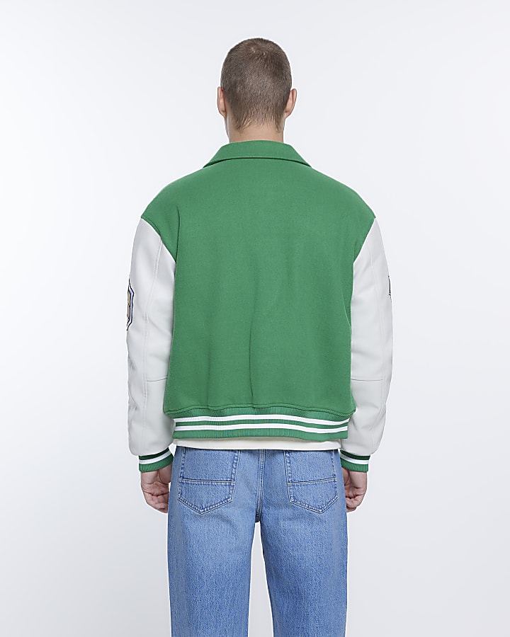 Green regular fit embroidered varsity jacket