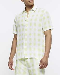 Green regular fit gingham crinkle shirt