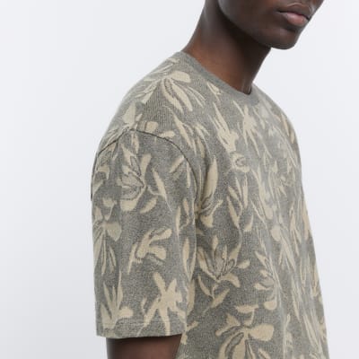 Green regular fit jacquard leaf print t-shirt
