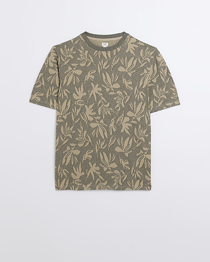 Green regular fit jacquard leaf print t-shirt