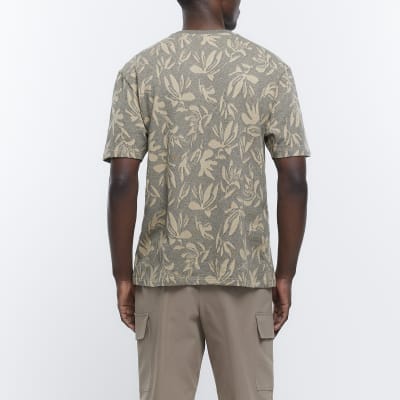 Green regular fit jacquard leaf print t-shirt