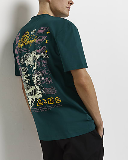Green regular fit Japanese graphic t-shirt