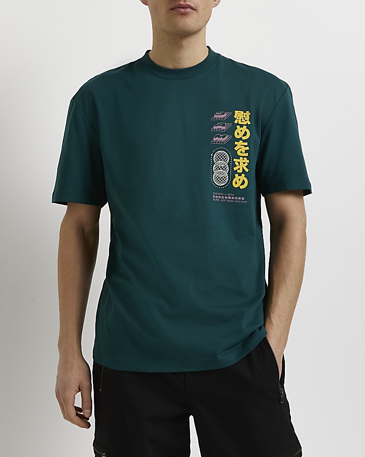 Green regular fit Japanese graphic t-shirt