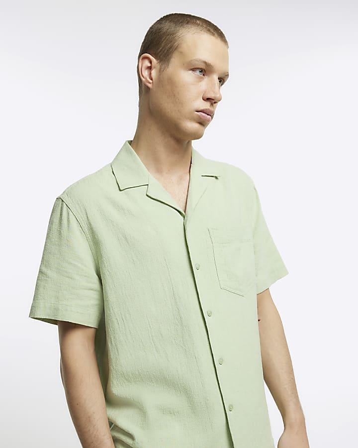 Green regular fit linen blend revere shirt