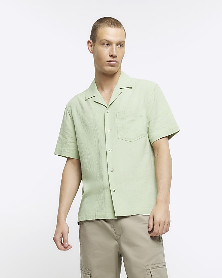 Green regular fit linen blend revere shirt