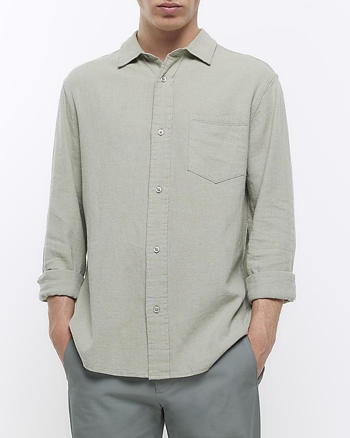 Green regular fit linen blend shirt