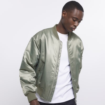 Green regular fit nylon satin bomber jacket River Island
