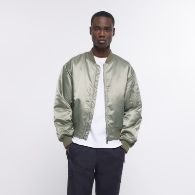 Green regular fit nylon satin bomber jacket