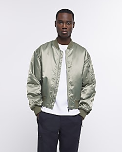 Green regular fit nylon satin bomber jacket