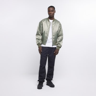 Green regular fit nylon satin bomber jacket