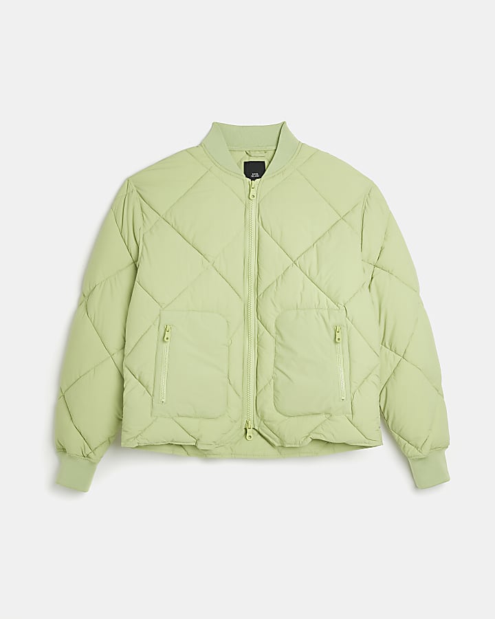 Green regular fit quilted bomber jacket