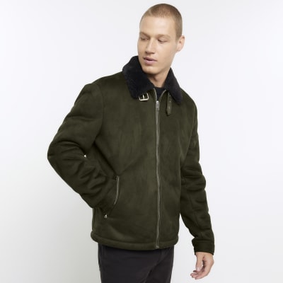 Green regular fit shearling aviator jacket | River Island