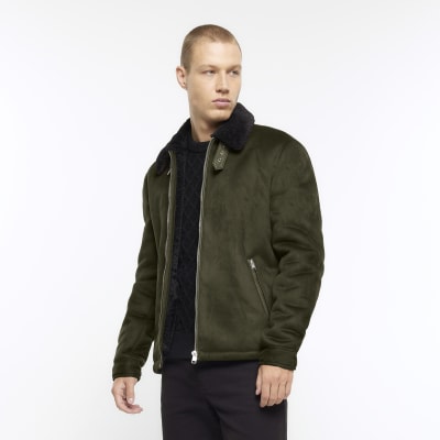 Green regular fit shearling aviator jacket | River Island