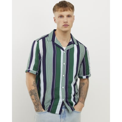 Green Regular Fit Stripe Revere Shirt